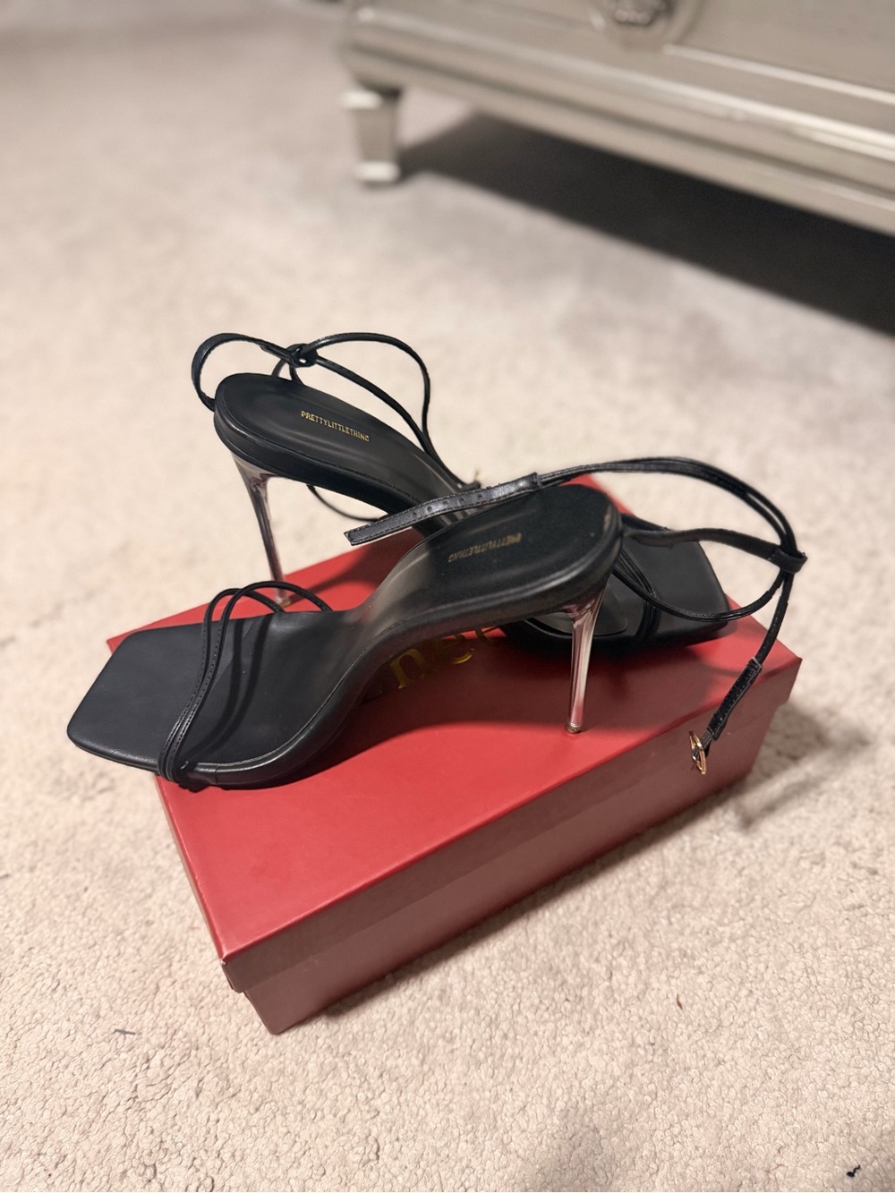 PrettyLittleThing Black Strappy Chrome-Heel Sandals